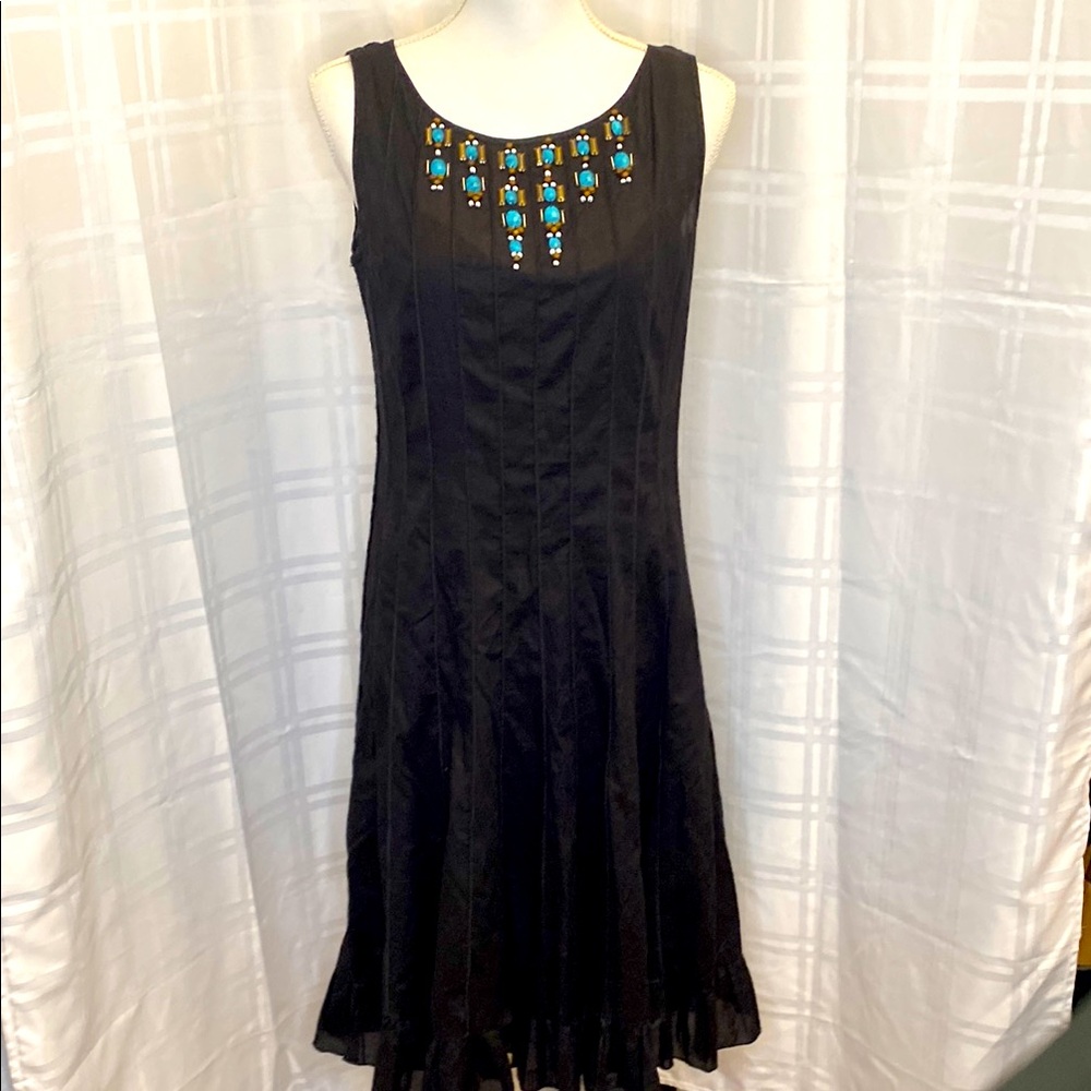 S.L. Fashions Black Ruched Embellished Beaded Midi Dress with Slip Dress Size 8